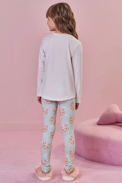 Pijama Infantil Blusa ML Ursinha Off e Legging Estampada Verde - Infanti