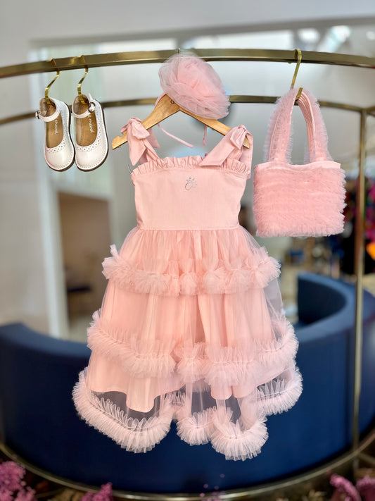 Vestido Infantil Festa Alça Laço e Frufru Tule Rosa Fada - Pituchinhus