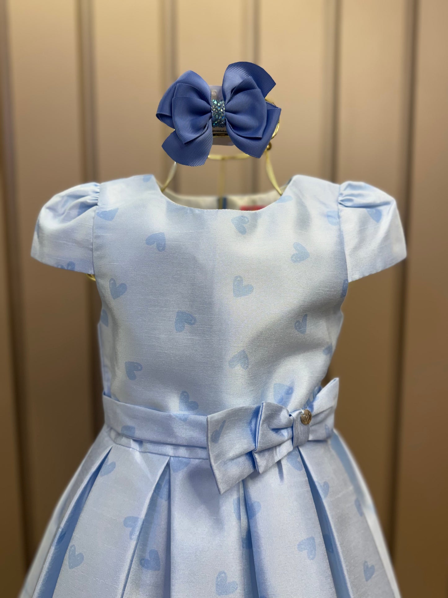 Vestido Infantil Festa Azul Corações Laço Cintura - Mon Sucré