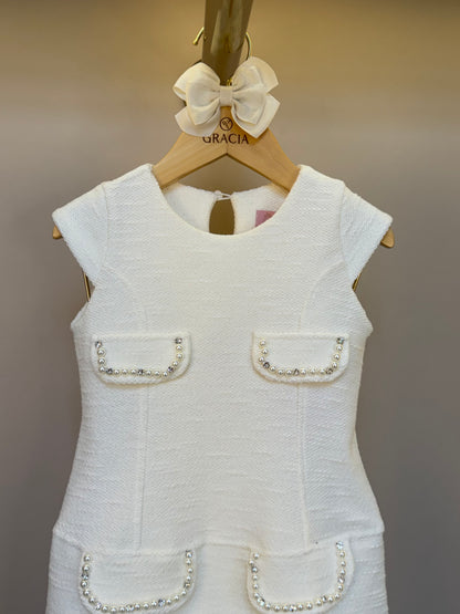 Vestido Infantil Bouclé Lapelas Bordadas Pérolas e Cristais Off White - Pituchinhus
