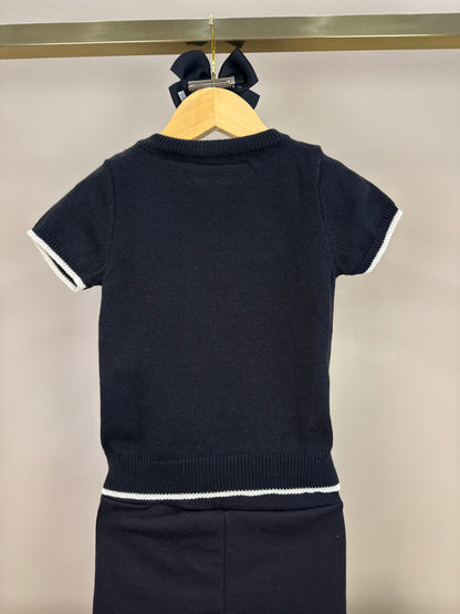 Conjunto Infantil Blusa Tricot Maxi Laço Bordado Pérolas Cristais e Calça Flare Lapelas Bordadas Preta - Pituchinhus