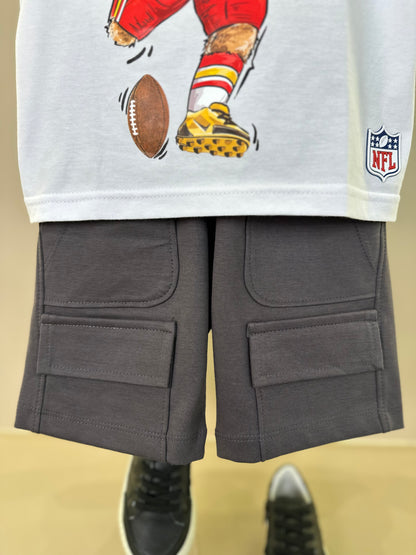Conjunto Infantil Camiseta Algodão Teddy Kansas City Chiefs NFL e Bermuda Suedine Algodão Bolsos Grafite - Dame