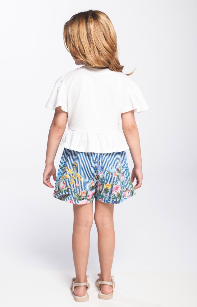 Conjunto Infantil Blusa Off White Flores Bordadas e Short Listrado Flores - Luluzinha