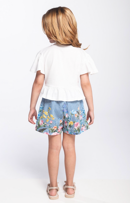 Conjunto Infantil Blusa Off White Flores Bordadas e Short Listrado Flores - Luluzinha