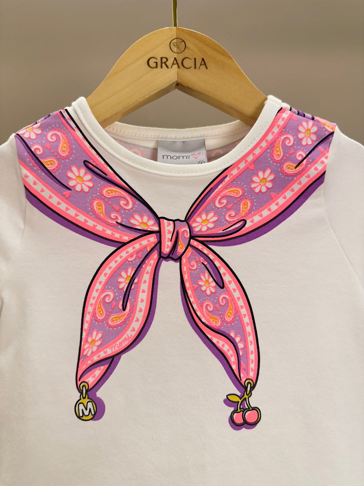 Conjunto Infantil Blusa Lenço Estampado Amarrado Na Gola e Calça Jeans Wide Leg Cós Alto Com Elástico - Momi
