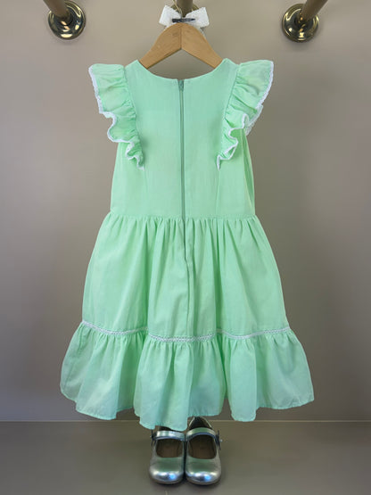 Vestido Infantil Verde Bordado Floral Babados Manga e Laços - Petit Cherie