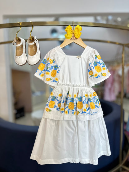 Vestido Infantil Conceito Babados Bordado Abacaxi - Animê