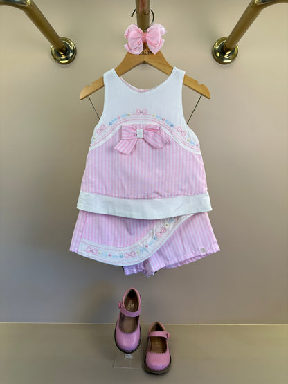 Conjunto Infantil Blusa Laço Pérolas e Shorts Saia Rosa Listrado - Petit Cherie