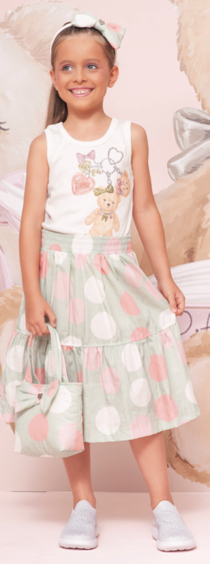 Conjunto Infantil Regata Chaveiro Ursos Cristais e Saia Midi Poá Colorido - Pituchinhus