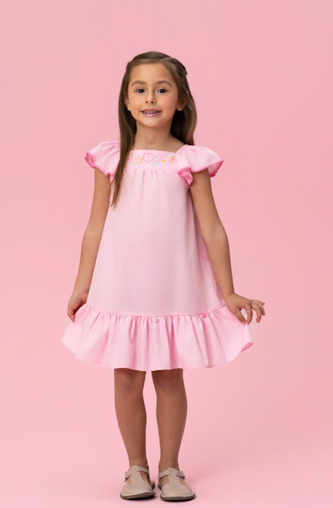 Vestido Infantil Amplo Rosa Bordadinhos Flores Busto - Mon Sucré