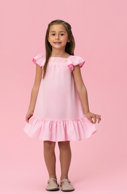 Vestido Infantil Amplo Rosa Bordadinhos Flores Busto - Mon Sucré