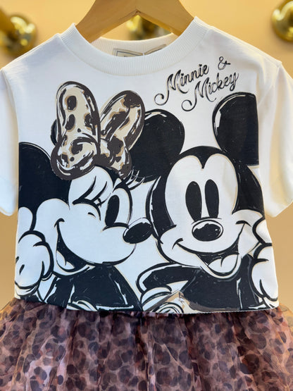 Conjunto Infantil Blusa Minnie & Mickey e Saia Tule Plissada Animal Print - Animê