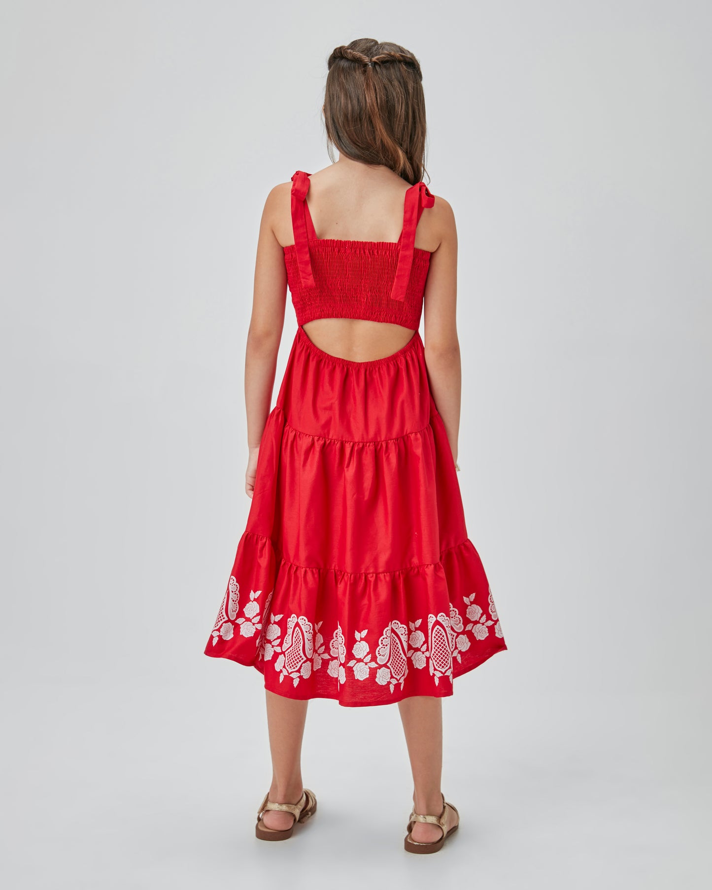 Vestido Infantil Midi Algodão Florais Rendados Vermelho - Um Mais Um