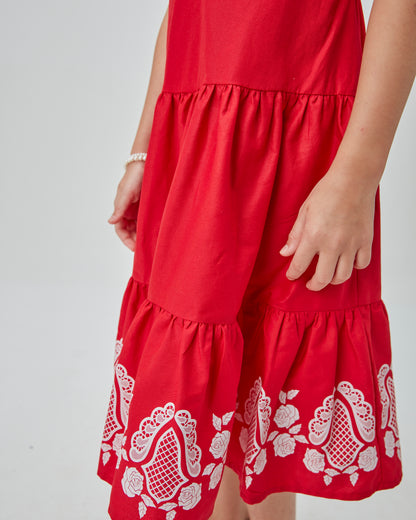 Vestido Infantil Midi Algodão Florais Rendados Vermelho - Um Mais Um