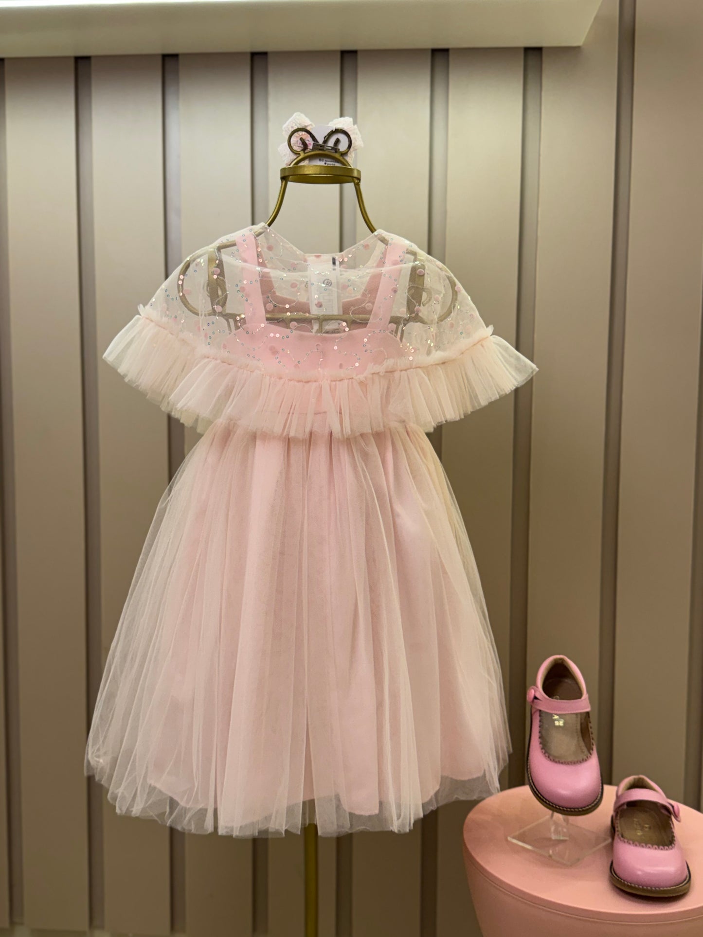 Vestido Infantil Festa com Capa Tule Bordado Rosa - Petit Cherie