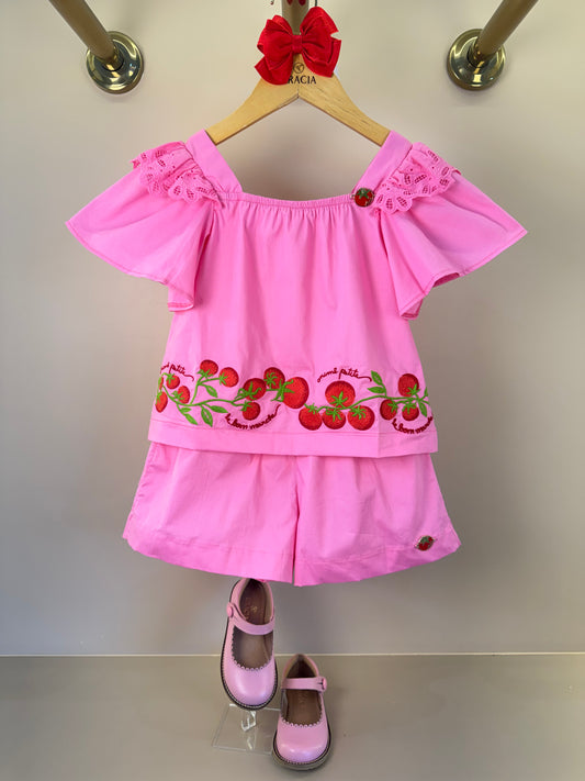 Conjunto Infantil Blusa Mangas Amplas Estampa Tomates e Shorts Saia Rosa - Animê