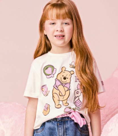 Conjunto Infantil Feminino Blusa Ursinho Pooh Pérola com Calça Jeans Reta Laços Jeans Casual - Momi Mini