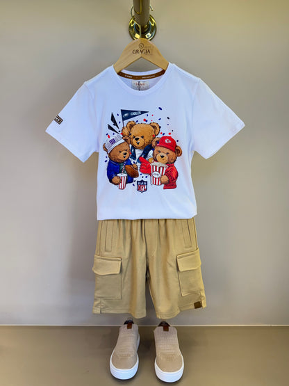 Conjunto Infantil Camiseta Algodão NFL Teddy Torcedores e Bermuda Ponto Roma Bolsos Cargo Bege - Dame