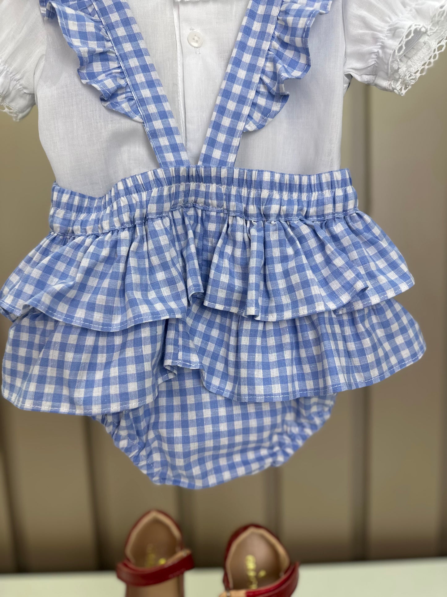 Jardineira Bebê Clássica Xadrez Azul Body Branco Golinha - Roana
