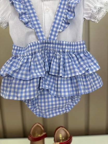 Jardineira Bebê Clássica Xadrez Azul Body Branco Golinha - Roana