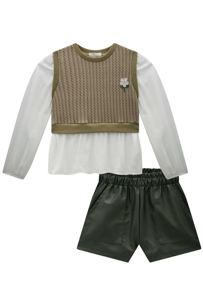 Conjunto Camisa Sobreposição e Shorts  Couro Tech Verde - Infantil