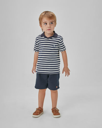 Conjunto Infantil Polo Listras e Bermuda Sarja Marinho - Um Mais Um