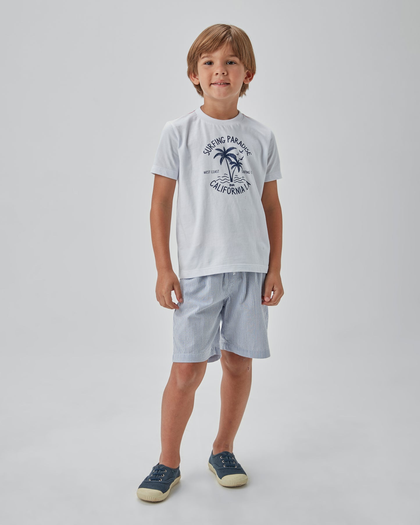 Conjunto Infantil Camiseta Algodão Surfing Paradise e Shorts Listrado Azul - Beabá