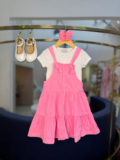 Conjunto Infantil Salopete Sarja Rosa Fluor com Blusa Canelada Off - Momi