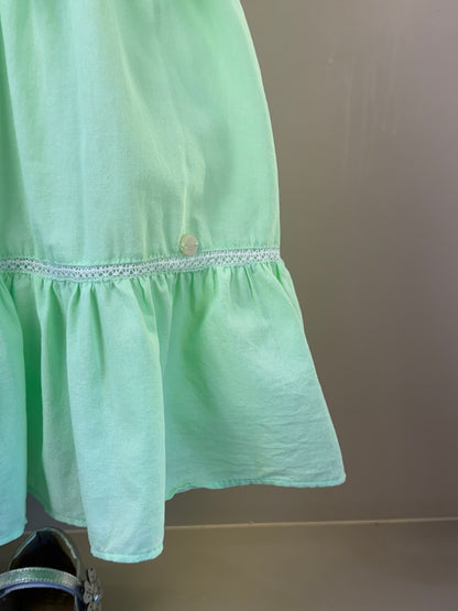 Vestido Infantil Verde Bordado Floral Babados Manga e Laços - Petit Cherie