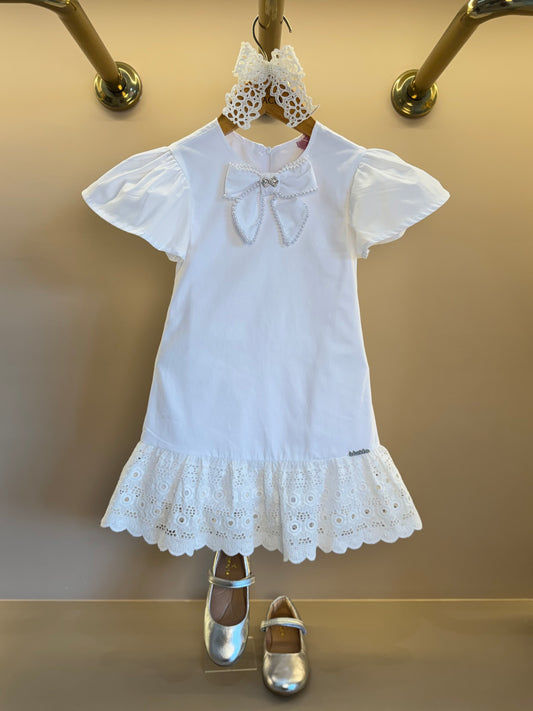 Vestido Infantil Algodão Laço Bordado Manual Babado Barrado Laise Branco - Luluzinha
