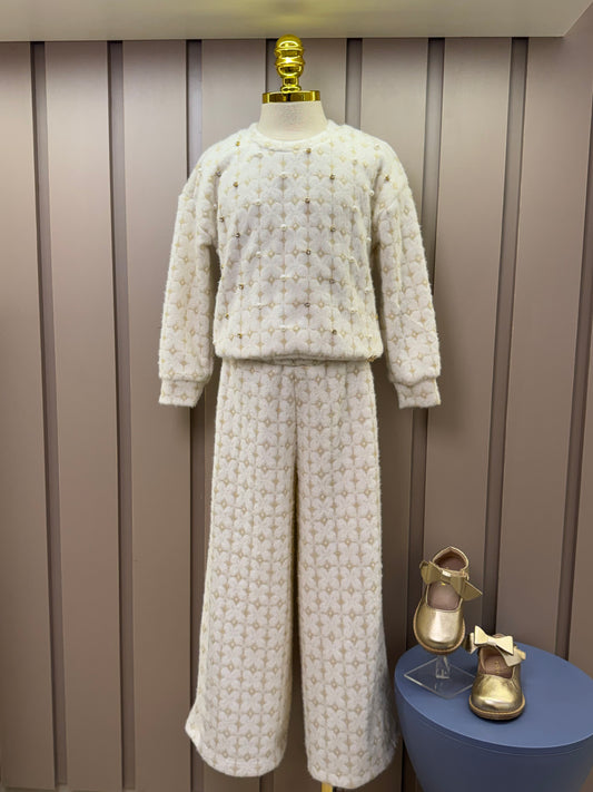 Conjunto Infantil Blusão e Calça Peluciado Lurex Bordado Manual Off White - Luluzinha
