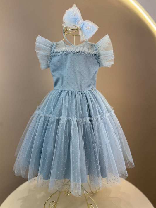 Vestido Infantil Festa Tule Flocado Azul Céu - Petit Cherie