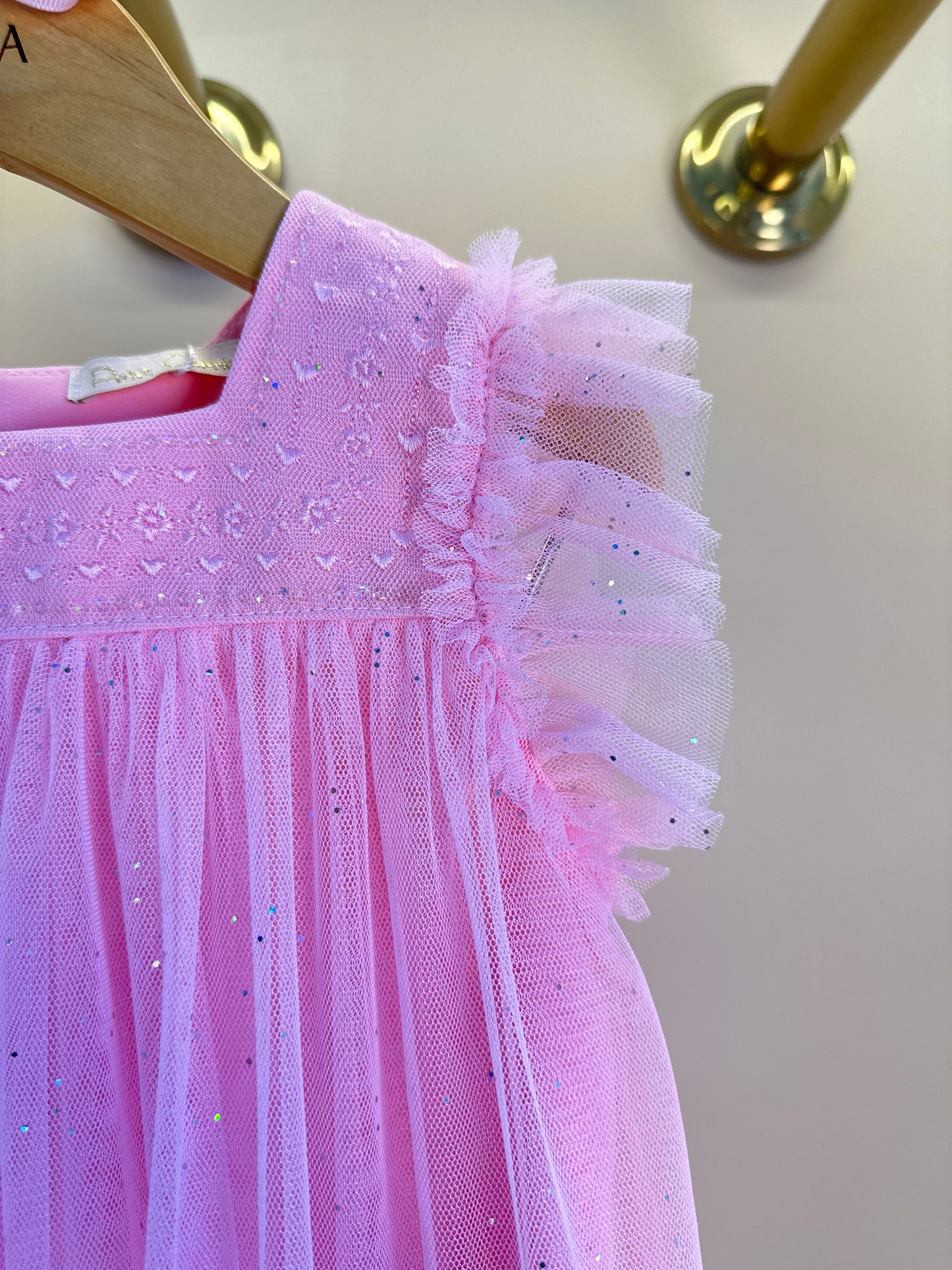 Vestido Infantil Trapézio Tule Glitter Bordado Rosa Baby - Petit Cherie