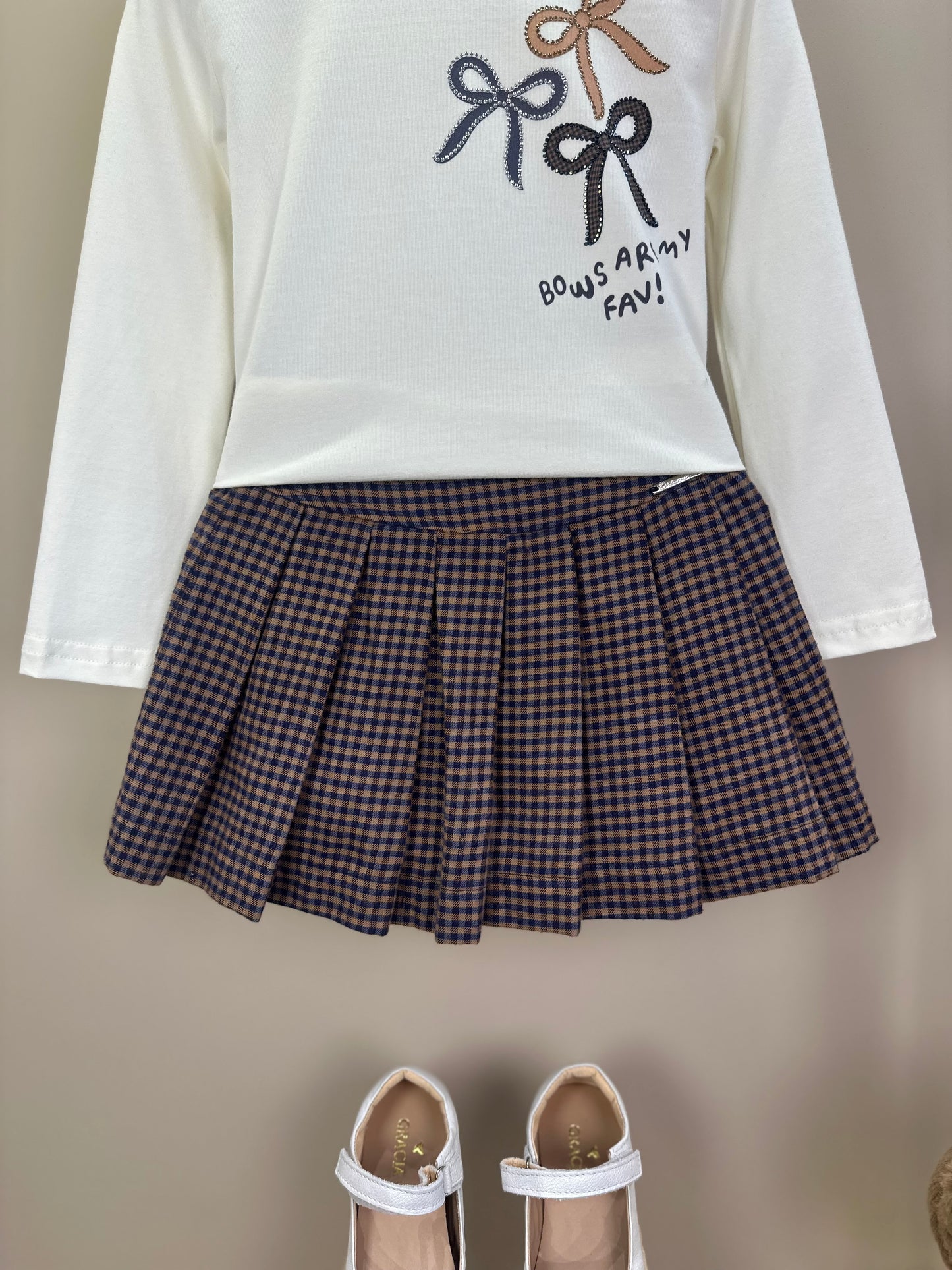 Conjunto Infantil Blusa Cotton Laços e Saia Xadrez com Pregas - Pituchinhus