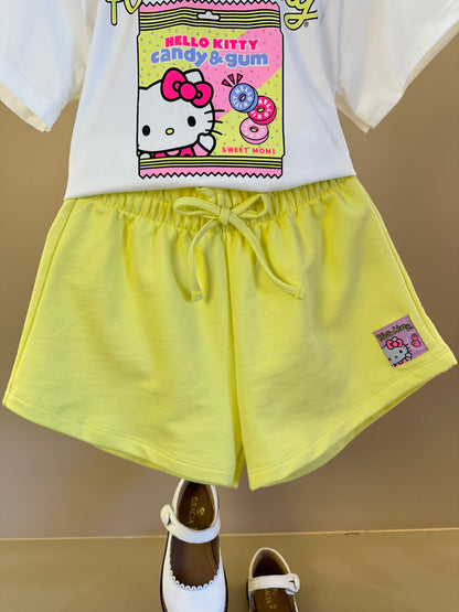 Conjunto Infantil Blusa Hello Kitty e Shorts Cós Elástico - Momi