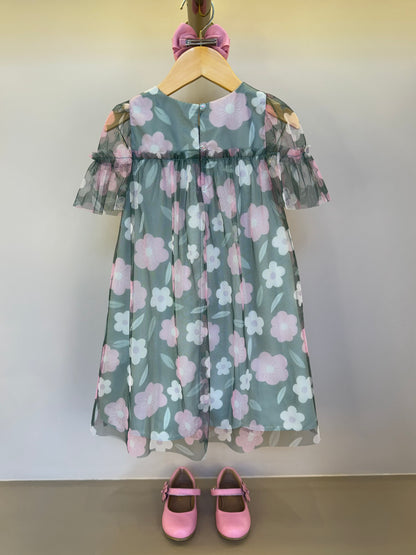 Vestido Infantil Trapézio Tule Estampado Flores - Mon Sucre