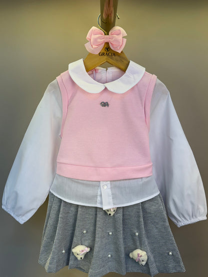 Conjunto Infantil Blusa ML com Tricot Rosa e Saia Pregas Ursinhos - Gabriela Aquarela
