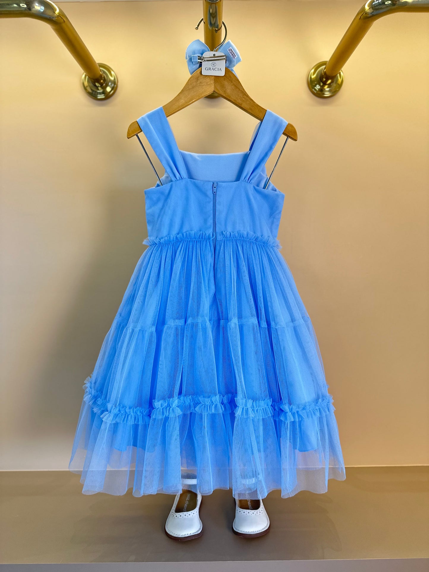 Vestido Infantil Tule Bordado Corações e Laço Frontal Azul Baby - Petit Cherie