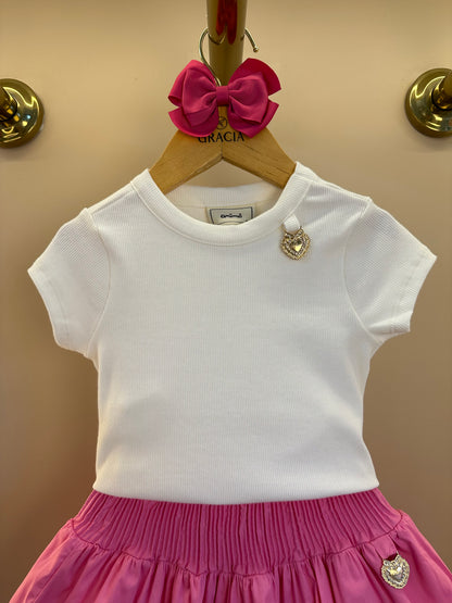 Conjunto Infantil Blusa Off Joia Coração e Saia Babado Rosa - Animê