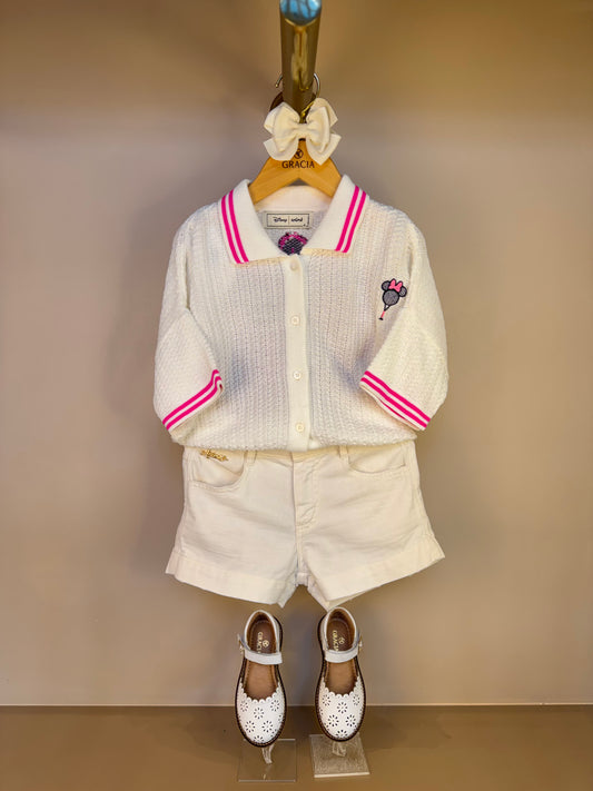 Conjunto Infantil Blusa Tricot Minnie Tennista e Shorts Sarja Off White - Animê