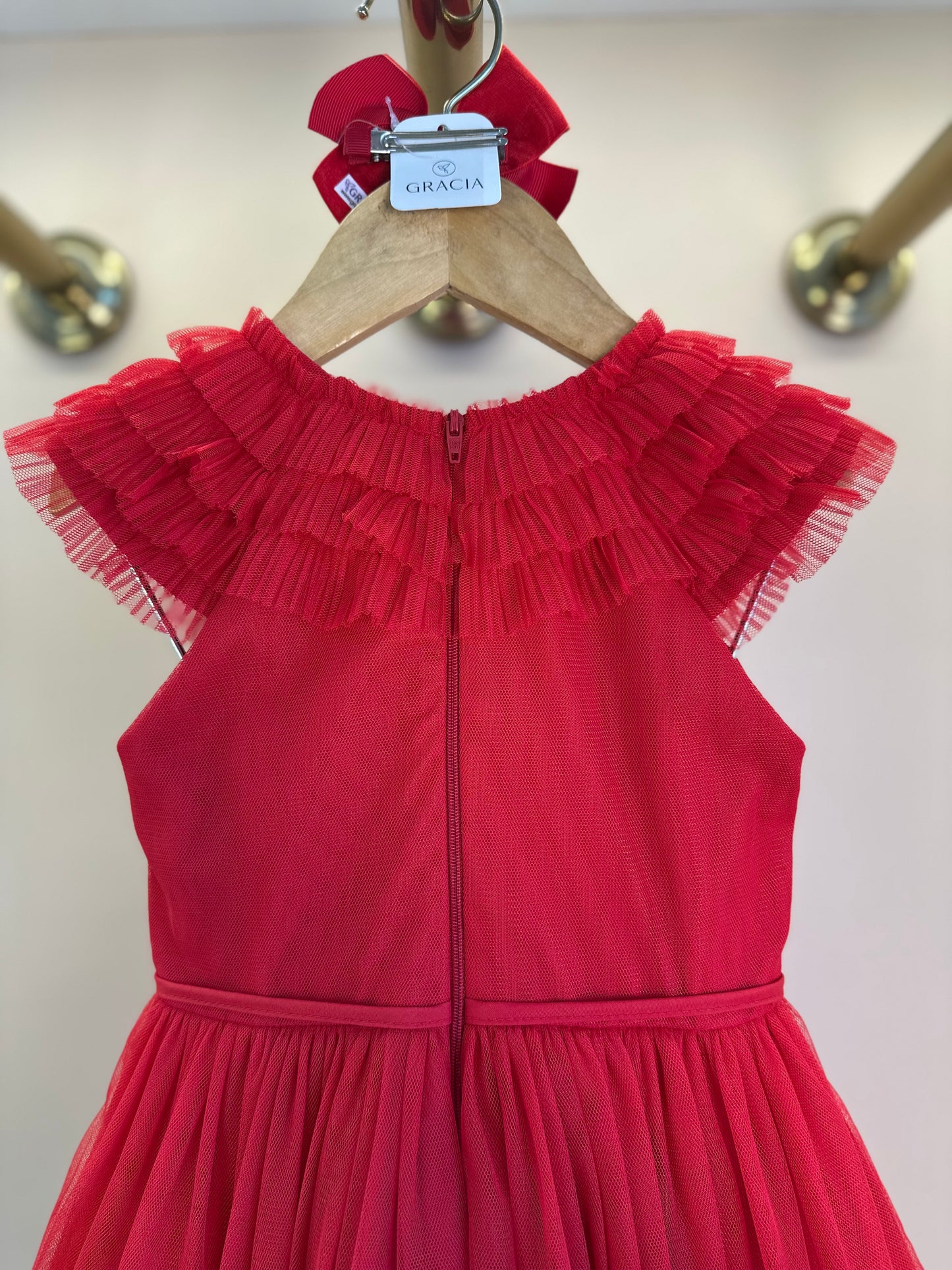 Vestido Infantil Tule Vermelho Gola Babados e Laço Cintura - Petit Cherie