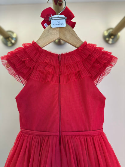 Vestido Infantil Tule Vermelho Gola Babados e Laço Cintura - Petit Cherie