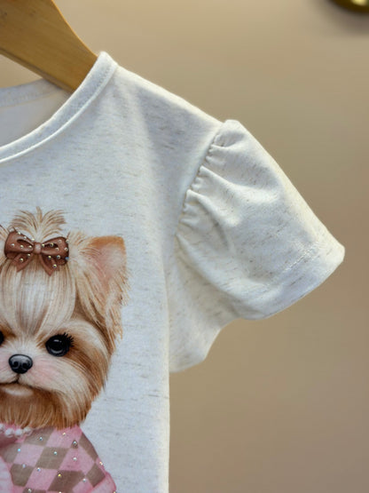 Blusa Infantil Malha Comfy Cachorrinha Cute Bege Claro - Infanti
