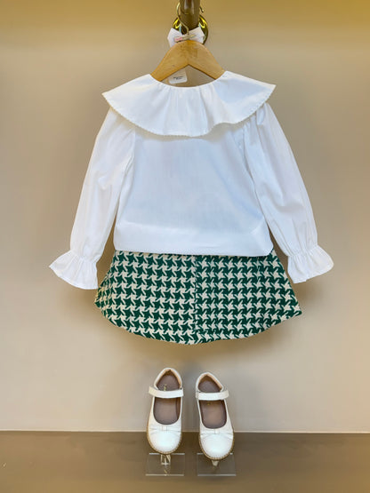 Conjunto Infantil Camisa com Laço na Gola e Saia Tweed Xadrez Verde - Animê
