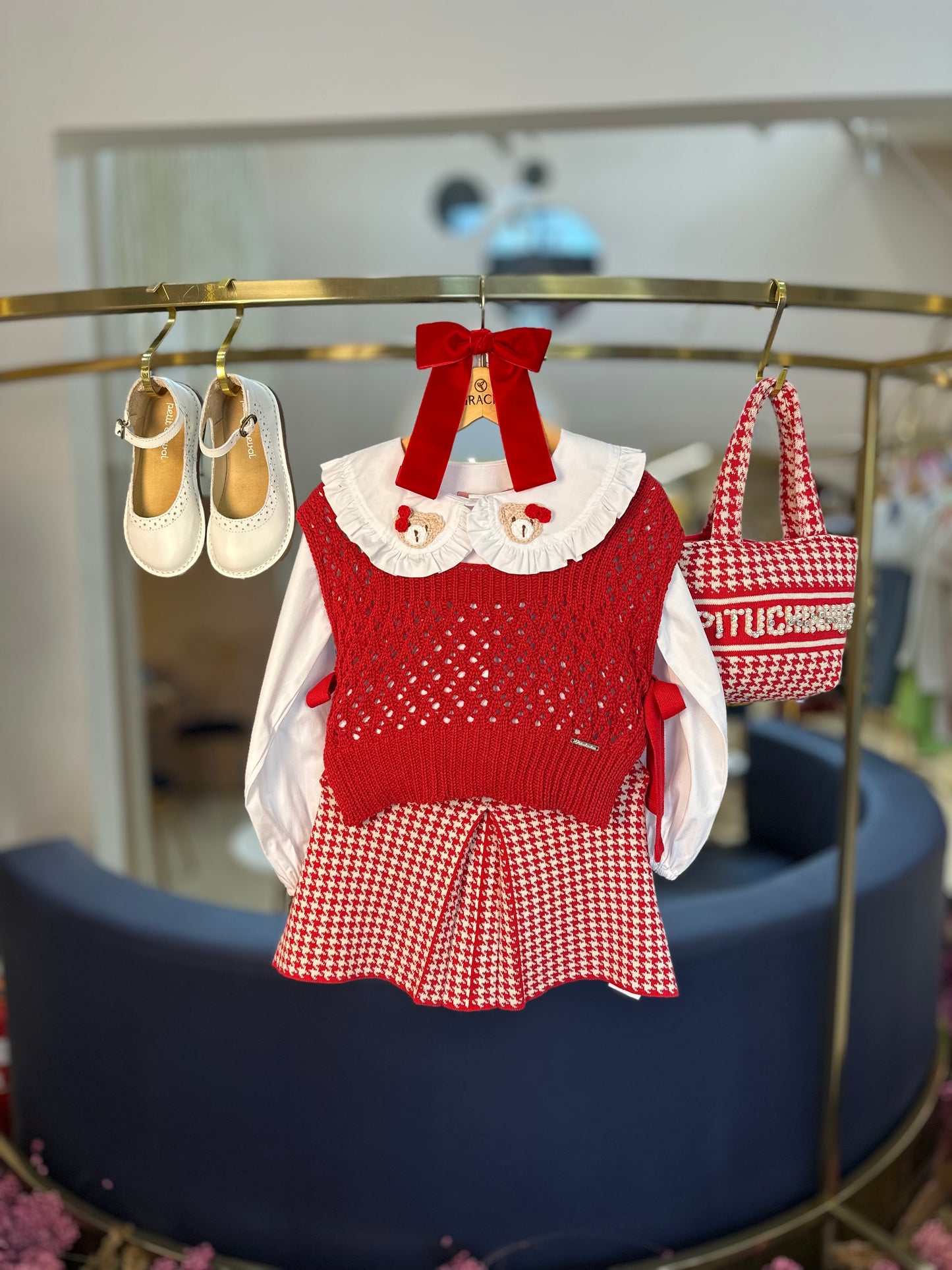 Conjunto Infantil Colete Ponto Rendado e Saia Tricot Pied Poule Prega - Pituchinhus