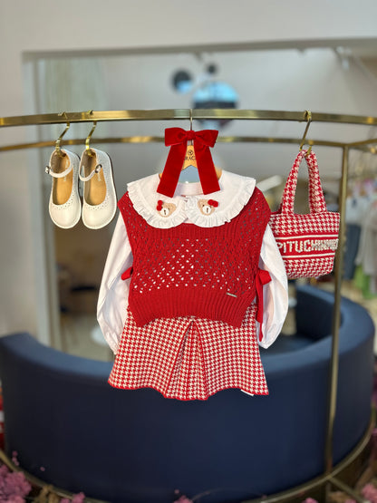 Conjunto Infantil Colete Ponto Rendado e Saia Tricot Pied Poule Prega - Pituchinhus