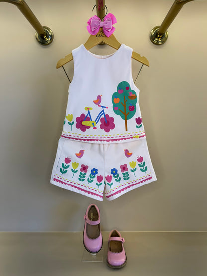 Conjunto Infantil Blusa e Shorts Bege Florestinha Colorida - Mon Sucré