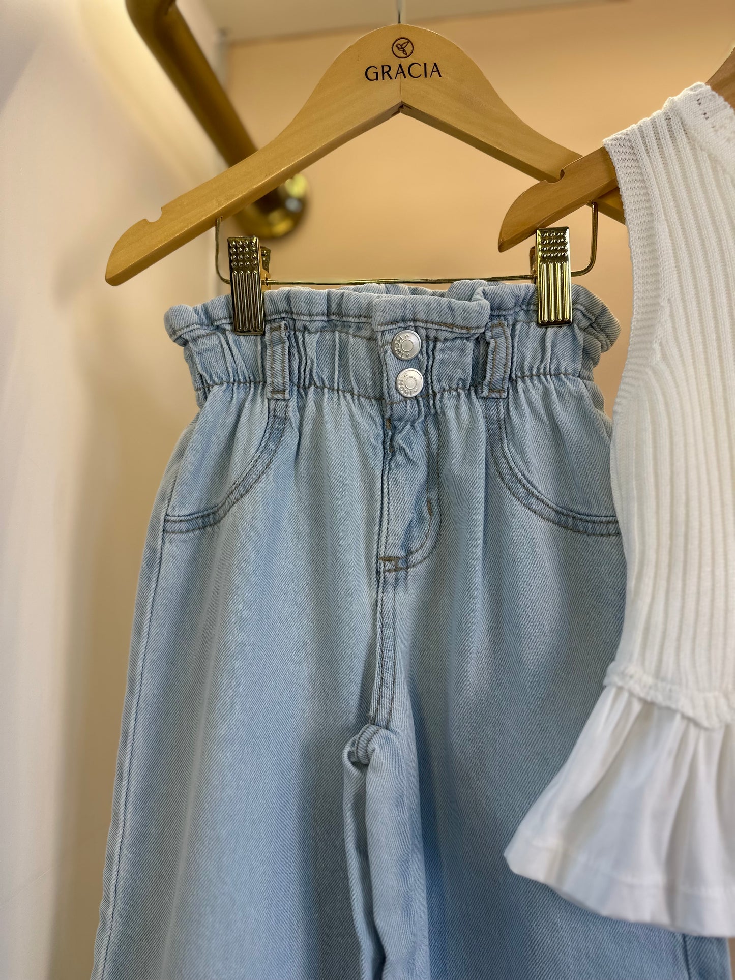 Conjunto Infantil Blusa Tricot Lacinhos e Babados e Calça Jeans Cós Clochard - Momi