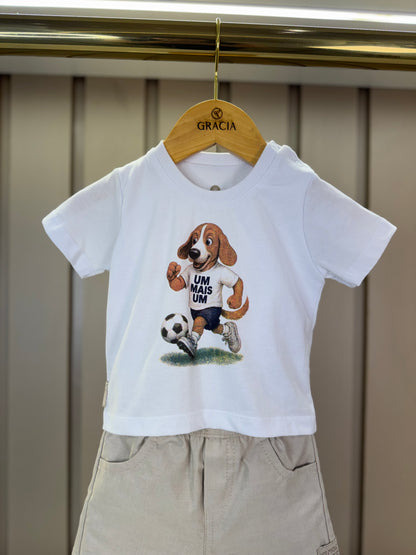 Conjunto Bebê Camiseta-Body Cachorrinho Futebol e Bermuda Bege - Um Mais Um