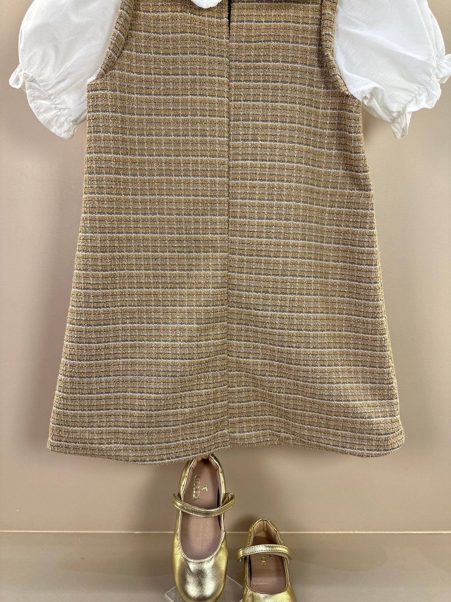 Vestido Infantil Manga Curta Tweed Xadrez Bege - Animê Petite